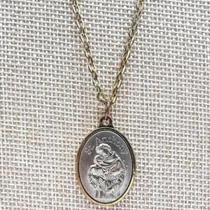 Vintage 80s Gold Tone St Anthony Medal Pendant Necklace Silver Tone Jewelry Y2K